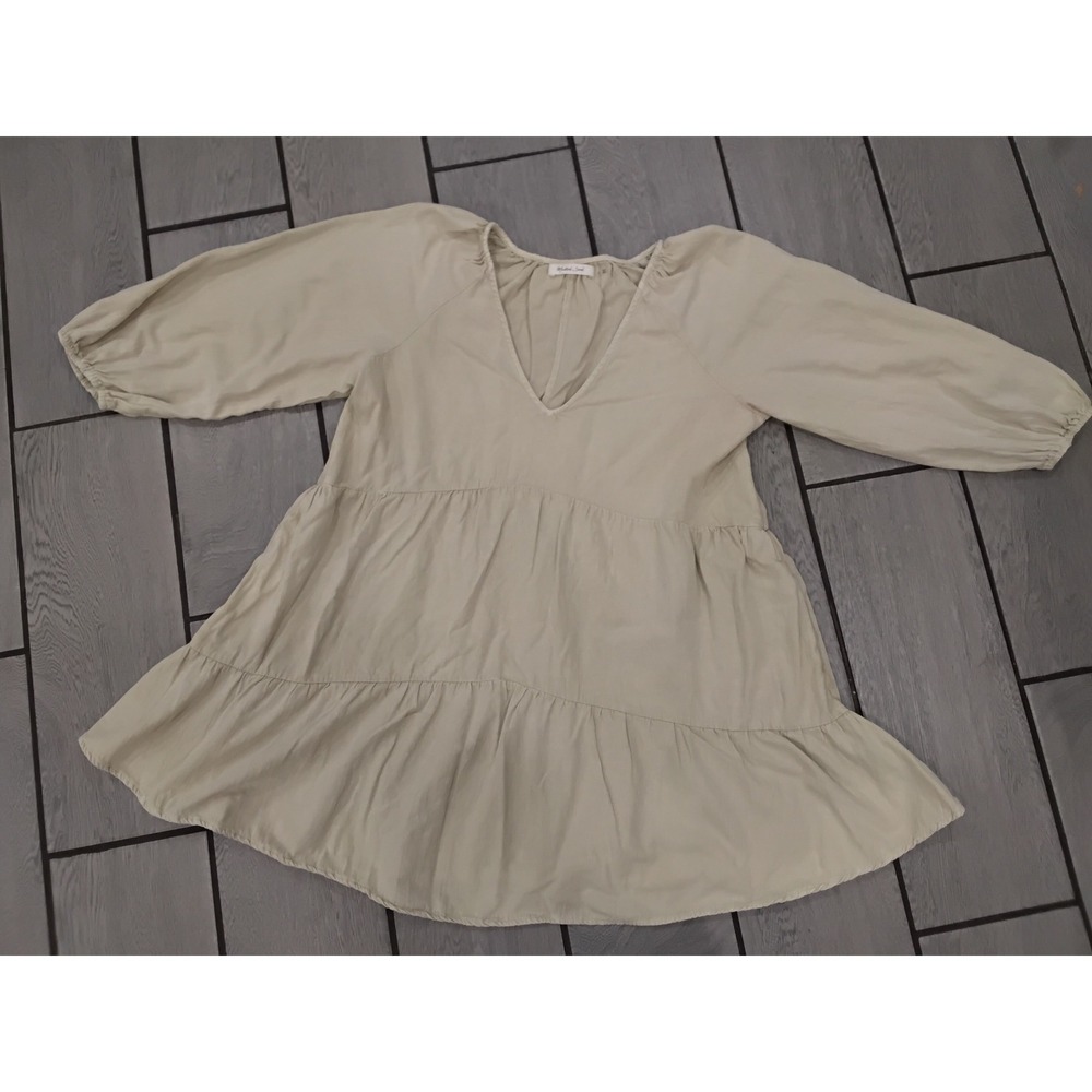 Mustard Seed Beige Cotton Tiered Babydoll Mini Dress V-Neck Balloon Sleeve L